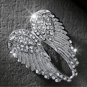 Elegant Silvertone Crystals Angel Wing Brooch, Lapel Pin